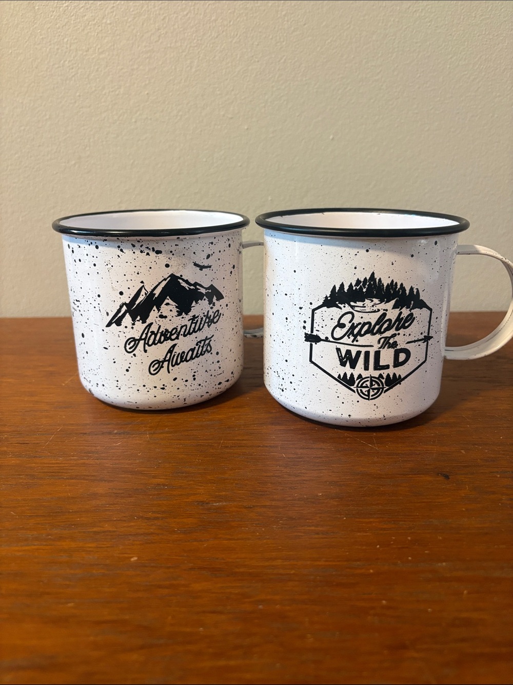 2 Enameled Metal Camping Mugs~Adventure Awaits ~ Explore the Wild ~Black & White